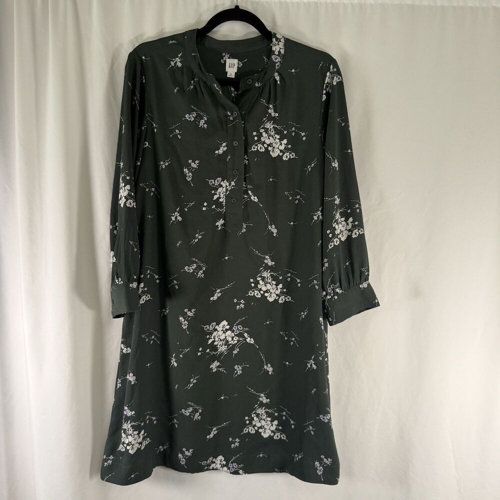 Gap Knee Length Dress Women's Medium Green Floral Button Front Long Sleeve